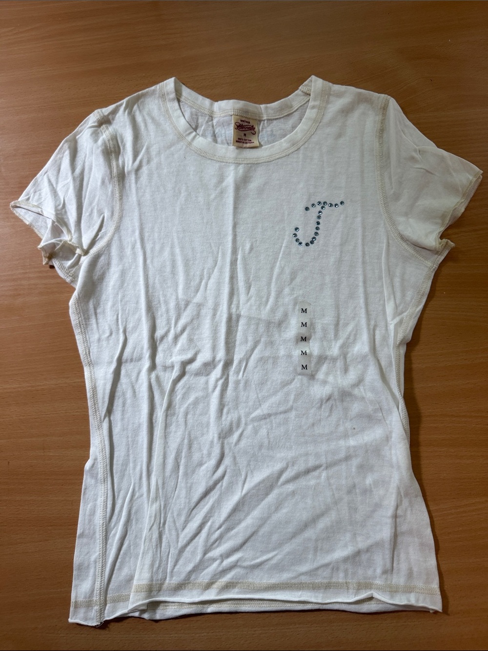Vintage Abercrombie White Tee with Blue Rhinestone 'J' Detail
